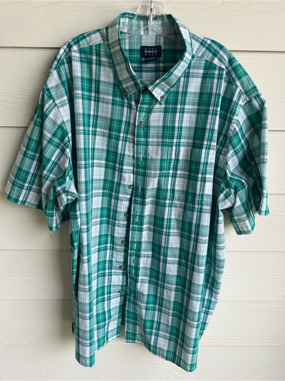 Harbor Bay Green and White Plaid Short-Sleeve Button-Down Shirt‎